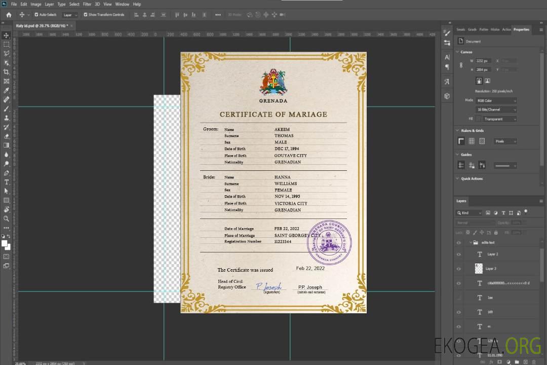 Modèle PSD de certificat de mariage de Grenade template